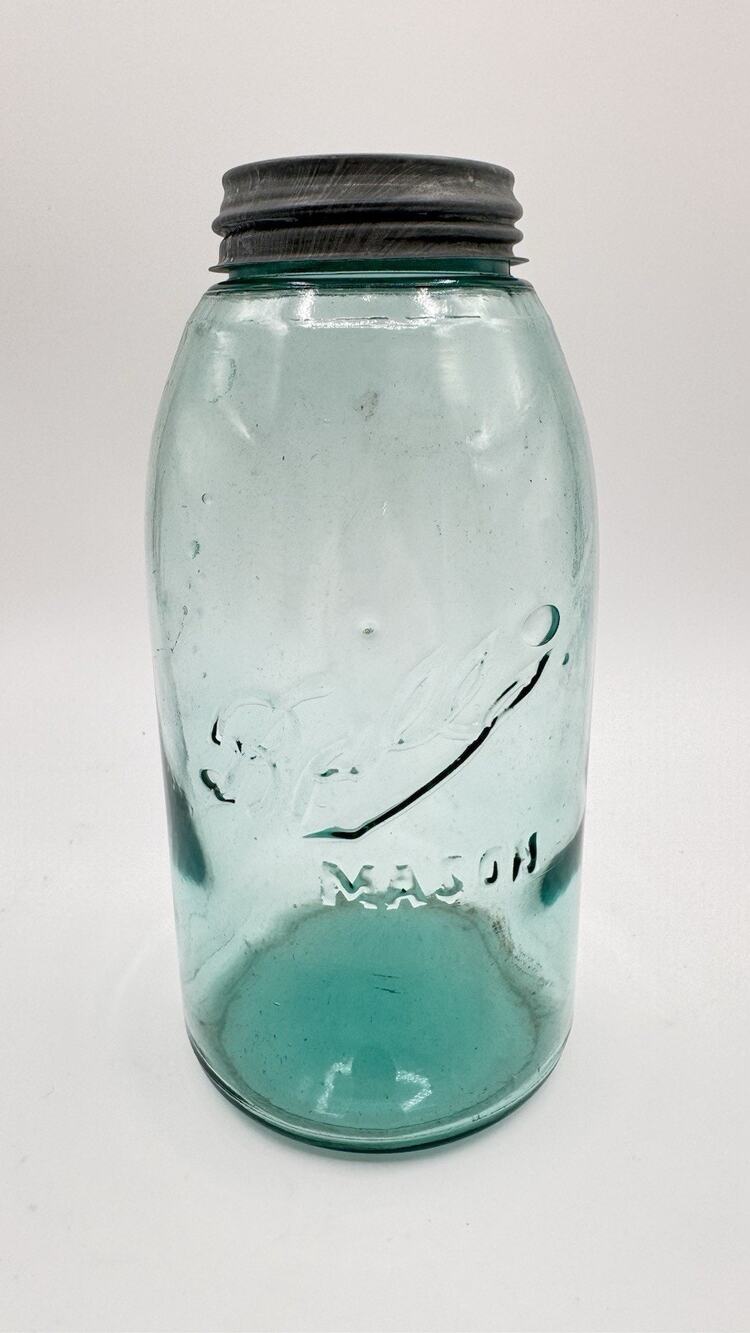 Vintage Ball Mason Jar Aqua Blue Glass Zinc Lid Early 1900s Lots of Bubbles RARE